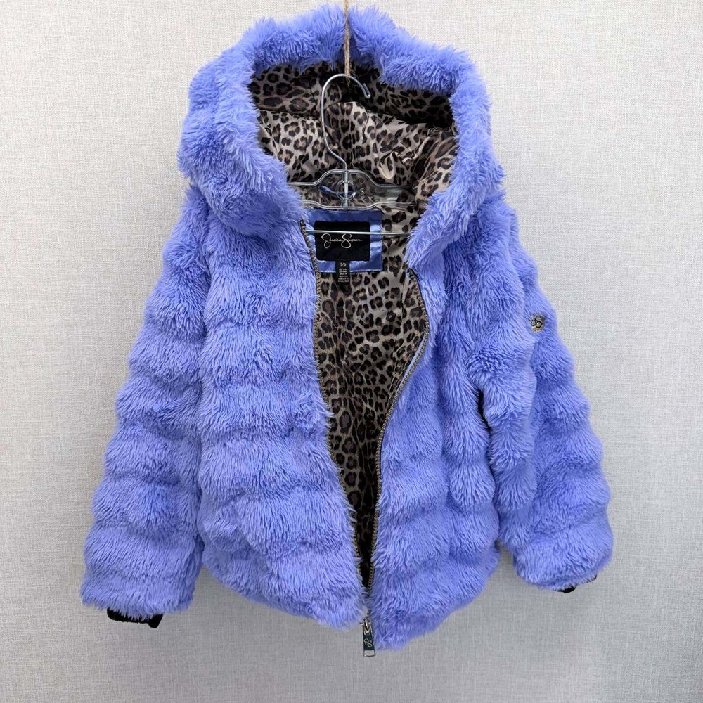 Jessica Simpson Girls Purple Faux Fur Hooded Jacket Leopard Lining Size 5/6